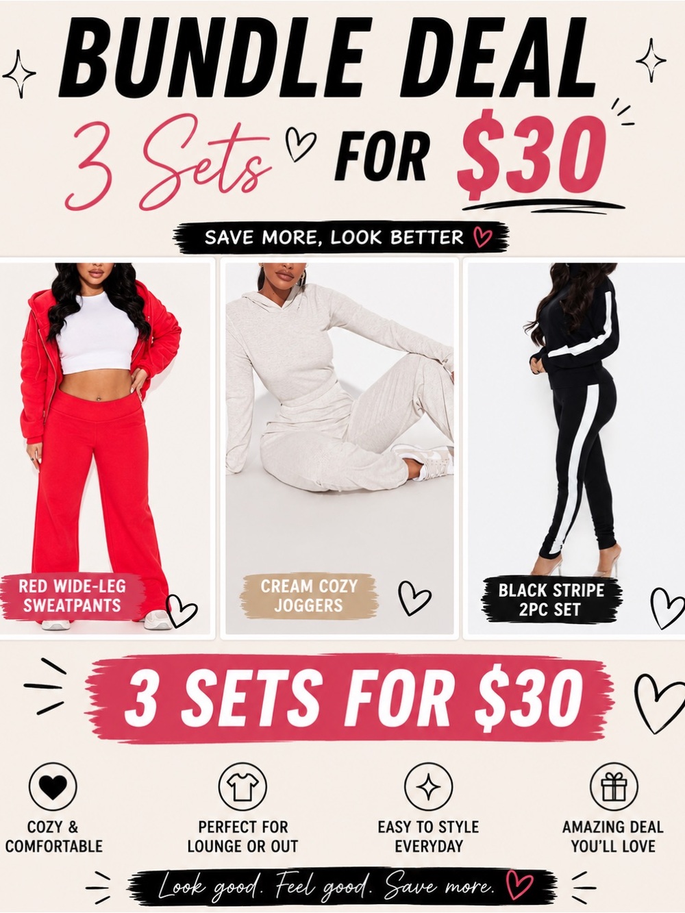 Bundle Deal: 3 Cozy Lounge Sets - Red, Cream, Black